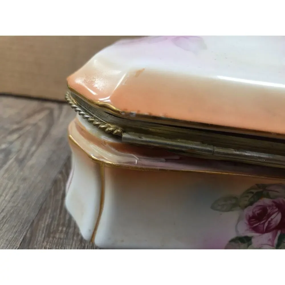 Antique RS Prussian Porcelain Large Table Top Hinged Lidded Trinket Box Roses